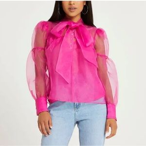 River Island sheer organza bow neck blouse, NWT